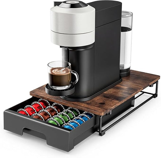 EVERIE Wooden Coffee Pod Storage Drawer for Nespresso VertuoLine Capsules, Large Capacity Countertop Coffee Station Organizer, Rustic Brown