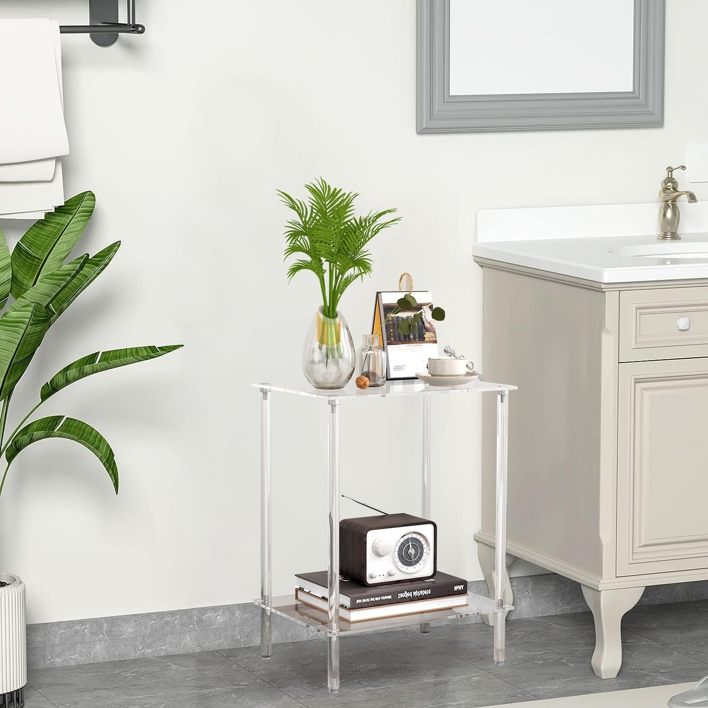 Acrylic Glass Side Tables with 2 Shelve End Table Bedside Set of 2, simplicity Nightstands for small Spaces, 2-Tier Tempered Glass for Office Bedroom Living Room Study Outdoor Transparent ET-008TR