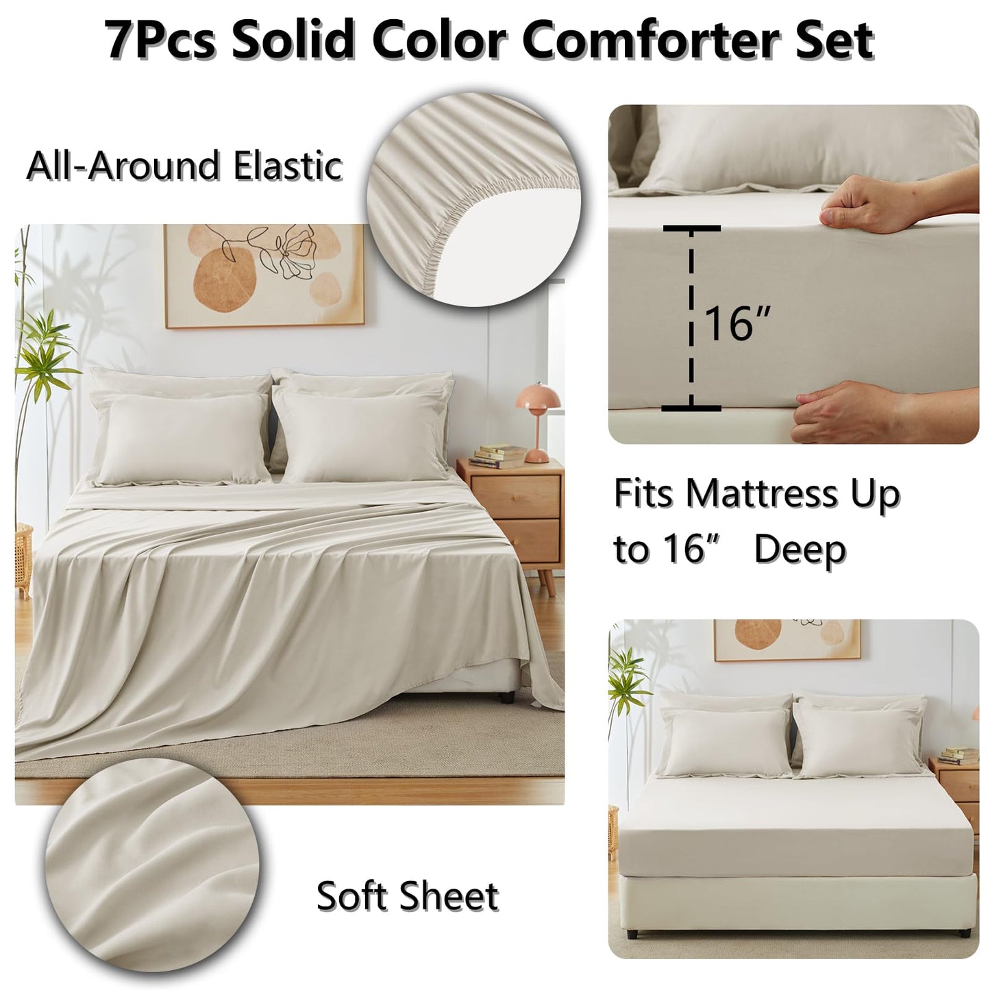 CozyLux Queen Comforter Set Beige, 7 Pieces Bed in a Bag Soft Bedding Comforter Set with Sheets, All Season Boho 7PC Bed Sets with Comforter, Fitted Sheets, Flat Sheets, Pillow Shams and Pillowcases
