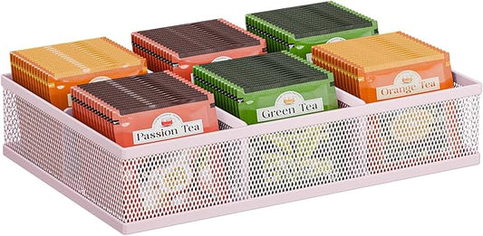 Tea Bag Organizer 6 Grids. Mesh Tea Bag Holder with Handle, Teabag Holder, Tea Station Organizer for Countertop, Pantry, Kitchen, Cabinet - Pink