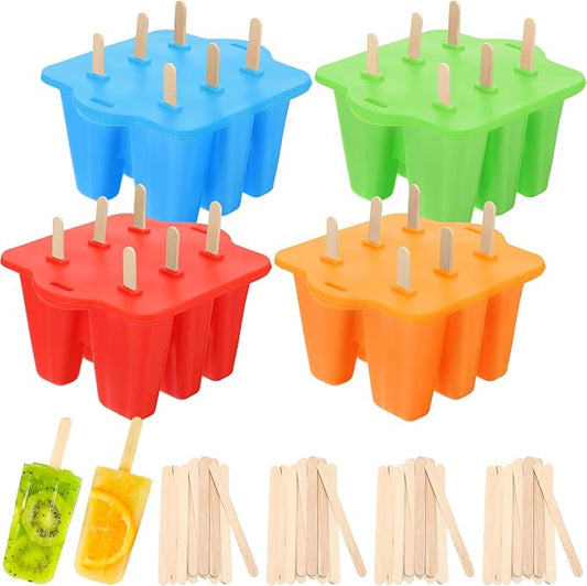 Hoolerry 4 Set Silicone Ice Lolly Molds, Reusable Ice Cream Molds with 200 Wooden Sticks, Easy Release Pop Maker, Frozen Treat Mold for Homemade, Red, Blue, Green, Orange(6 Cavities)