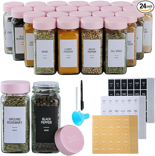 24 Glass Spice Jars with Labels, Spice Jar Set, 4oz Seasoning Containers, Spice Containers with Pink Airtight Lids and Shaker Lids, Square Empty Spice Bottles, 492 Labels, 1 Funnel