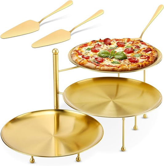 Teenyyou 7 Pcs Pizza Pan Riser Stands Sets Includes 1 Pcs Tiered Tray Stand 3 Stainless Steel Pizza Pan and 3 Wood Handle Knife for Home, Restaurant Party (Elegant Style,Gold)
