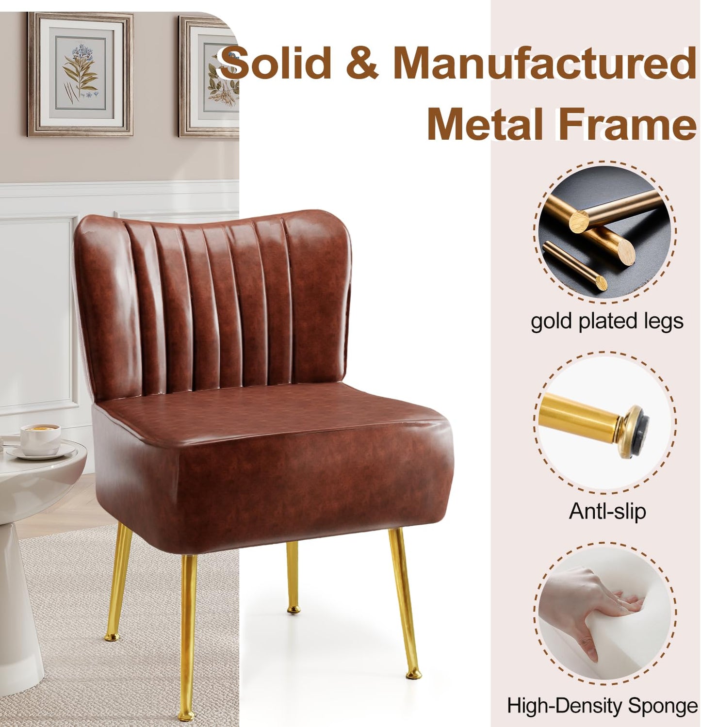 Accent Chair,Modern Armless Accent Chair for Living Room,Modern Comfy Accent Chairs,PU Leather Upholstered Chair with Soft Cushion for Bedroom, Balcony, Lounge, or Reading Living Room,Brown