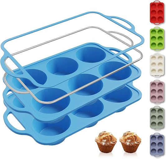 Socisen 2 Packs 6 Cups Silicone Muffin Pan with Metal Reinforced Frame Jumbo Size Cupcake Pan Tray Egg Bites Silicone Molds Muffin Tin Tart Pans Bundt Pan Reposteria Accesorios Moldes Para Pasteles