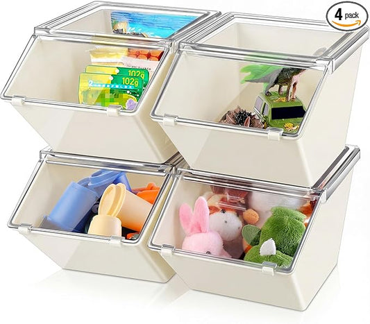 Yerliker 4 Pcs Clear Plastic Storage Bins with Lids Large Stackable Pantry Storage Organizer Bins Kitchen Organization Cabinet Organizers Ideal Containers for Fridge, Kitchen, Cabinets (White)