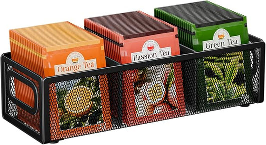 Tea Bag Organizer, Mesh Tea Bag Holder with Handle, Teabag Holder, Tea Station Organizer for Countertop, Pantry, Kitchen, Cabinet - Black