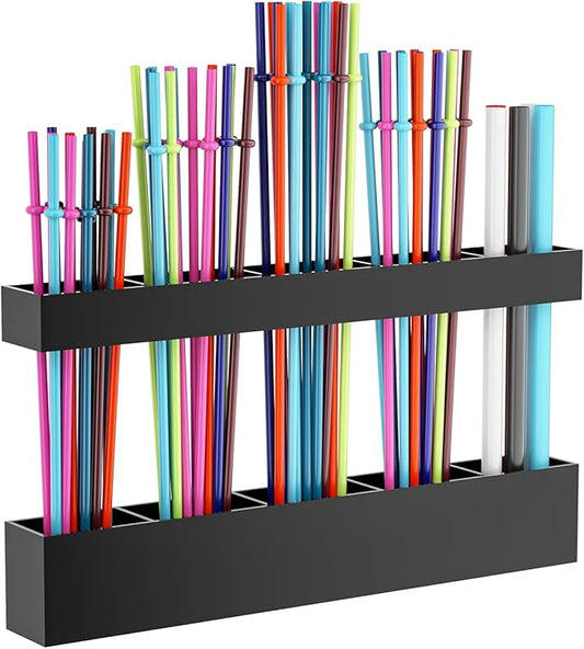 Straw Holder for Cabinet Door, Reusable Tumbler Straw Organizer Storage Container Mount for Kitchen Counter Cupboard Door (Black, 9.5inch)