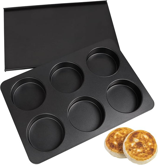 6 Cup Jumbo English Muffin Pan with Lid, Nonstick Straight Side Baking Pan, Hamburger Burger Bun Mold for Baking Egg Sandwich Frittata Cinnamon Roll Focaccia Quiche Pancake