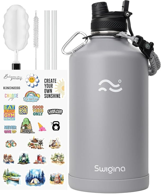 Swigina [2-IN-1 LID] Gallon Insulated Water Bottle with Silicone Boot (48hrs Cold/24hrs Hot) - DIY Stickers, Leakproof, BPA Free, 128 oz