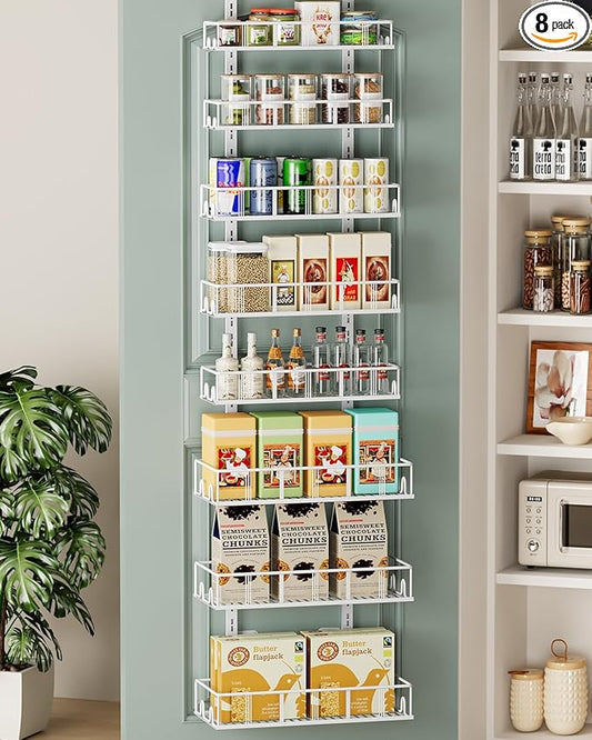 Bunoxea White 8-Tier Over The Door Pantry Organizer, Pantry Organization And Storage, Metal Hanging Spice Rack Shelves Door, Home & Kitchen Essentials, Laundry Room Bathroom Organization