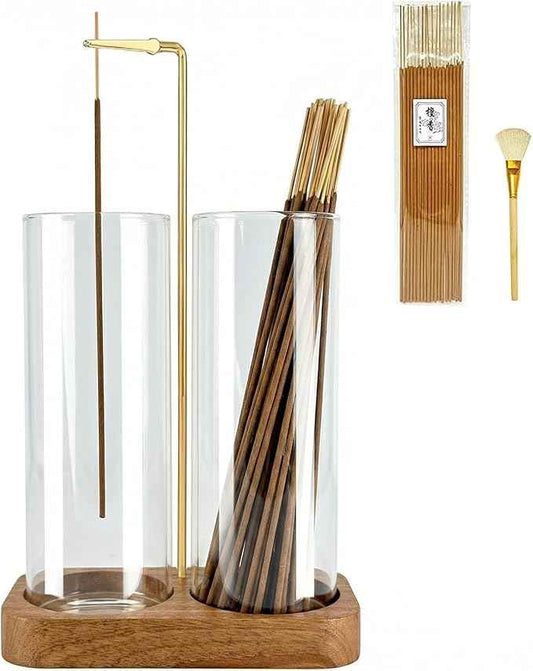 Ceremony Incense Holder, 2 in 1 Wooden Incense Holder for Sticks with 20 Incense Sticks, Anti-ash Incense Burner with Glass Ash Catcher, Wood Incense Holder 20 Stick (2 Glass Rectangle Base)
