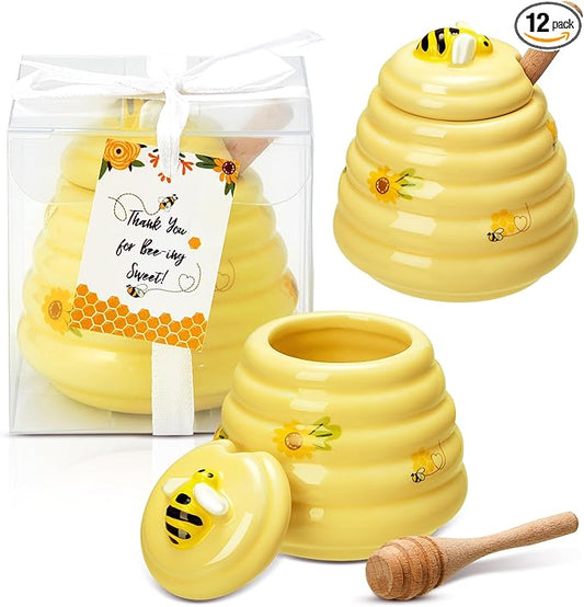 Yinder 12 Pcs Baby Shower Prize for Winners Honey Party Favors 3 oz Ceramic Honey Jars with Dippers Mini Bee Themed Pots with Goodie Boxes for Baby Shower Wedding Favors Bee Themed Party Gifts