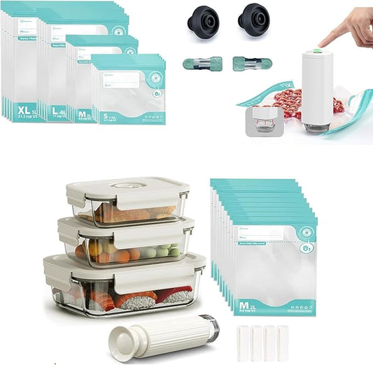 3 Containers, 10 Reusable Food Saver Sealer Bags,4 Sealing Clips,& 1 Electric pump, With electric pump, operation is more convenient
