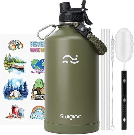 Swigina [2-IN-1 LID] Gallon Insulated Water Bottle with Silicone Boot (48hrs Cold/24hrs Hot) - DIY Stickers, Leakproof, BPA Free, 128 oz