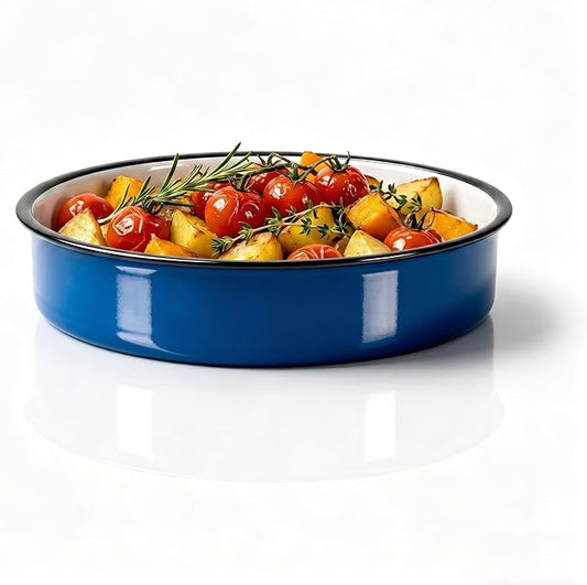 12 Inch Enamel Roasting Pan for Induction Cooktops - Heavy Duty Round Baking Pan for Thanksgiving Turkey Christmas Ham Lasagna & Pizza Dishwasher Safe Oven Broiler & Stovetop Pan