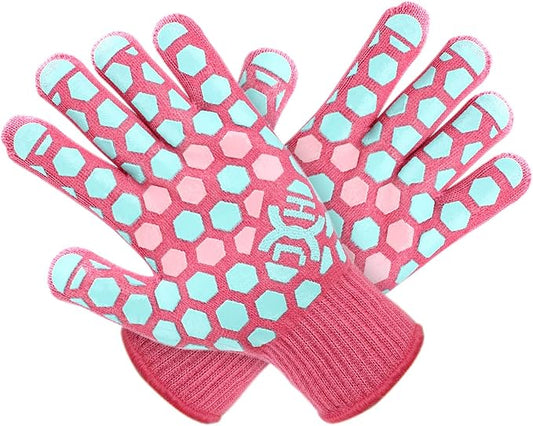 J H Heat Resistant Oven Glove:EN407 Certified 932 °F, 2 Layers Silicone Coating, Oven Mitts for Cooking,Kitchen,Fireplace, Grilling,1Pair (Coral Shell with Turquoise/Pink, Women Fits All)