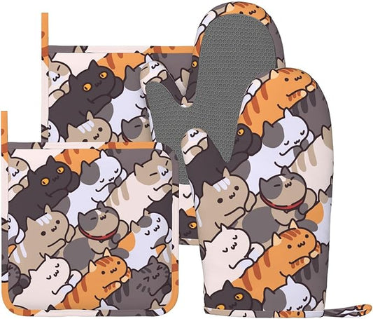Fun Cat Cartoon Animal Face Oven Mitts and Pot Holders Set of 4 Silicone Heat Resistant Oven Mitten Potholders Non Slip Gloves Kitchen Decor for BBQ Cooking Grilling Baking