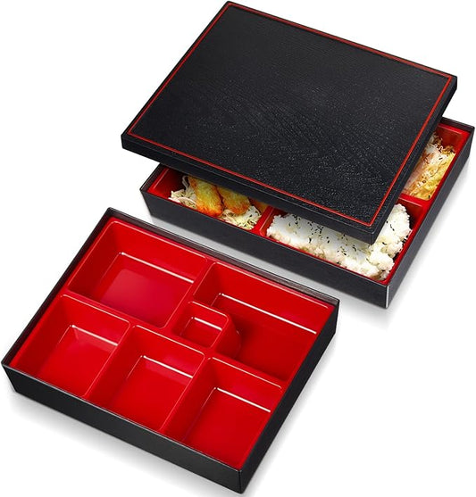 Teenyyou 2 Pcs 12 x 9.5 x 2.2 Inch Japanese Bento Box 6 Compartments Divided Lunch Box with Greaseproof Adult Japanese Bento Lunch Container Sushi Home Restaurant