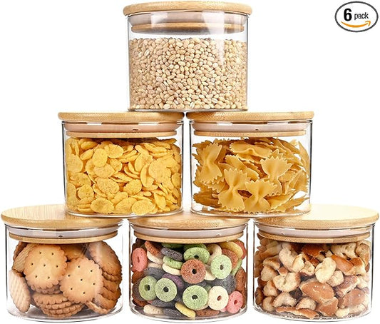 SHOWIN 15oz Glass Food Storage Jars, Glass Jars with Bamboo Lids, Kitchen Storage Jars, Set of 6, Canisters with Airtight Lids for Spice, Coffee, Cookie, Pantry Organizers