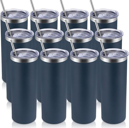 Volhoply 12 Pack Skinny Tumblers with Lid and Straw, 20oz Stainless Steel Straight Tumbler Bulk, Vacuum Insulated Coffee Mug for Home, Office, Travel, DIY (Navy,12 Pack)