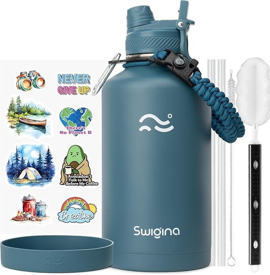 Swigina [2-IN-1 LID] 64 oz Insulated Water Bottle with Silicone Boot (48hrs Cold/24hrs Hot) - DIY Stickers, Leakproof, BPA Free, Half Gallon