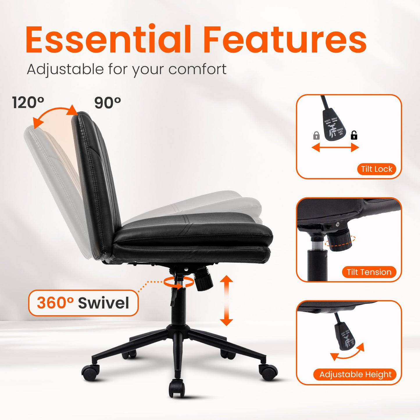 Orange Factory Criss Cross Chair with Wheels Comfy Wide Vanity Desk Chair Dual Base Leather Armless Adjustable Swivel for Home Computer Task (Black)