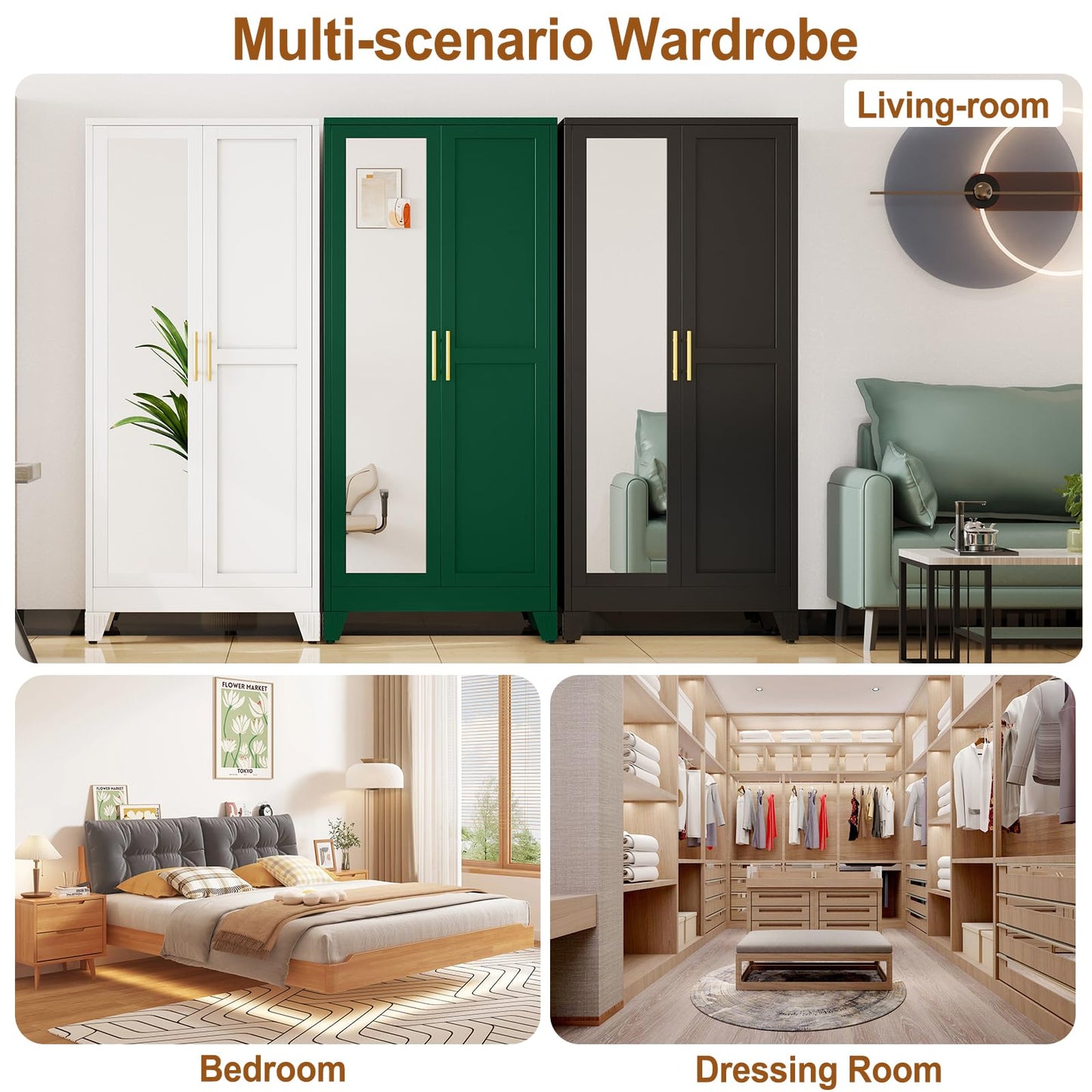 Metal Armoire Wardrobe Closet Storage Cabinet with Mirror, 71'' Wardrobe Cabinet with Hanging Rod Metal Closet with 2 Adjustable Shelves for Bedroom, Laundry Room, Cloak Room