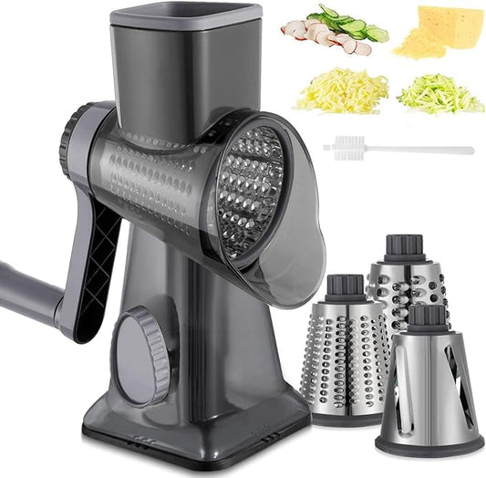 Cheese Grater Hand Crank Rotary Vegetables Shredder with Handle, 3-in-1 Graters with Interchangeable Blades and Strong Suction Base Multifunctional Slicer for Kitchen