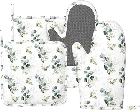 Sage Green Eucalyptus Oven Mitts and Pot Holders Sets Silicone Watercolor Plant Leaves Floral Kitchen Oven Mitts Hot Pads Heat Resistant Potholders Kitchen Mitts Set for Baking BBQ Cooking