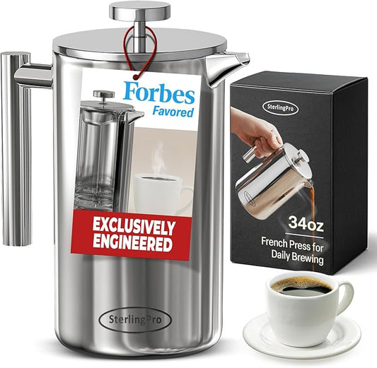 SterlingPro Stainless Steel French Press Coffee Maker 1 L (34 oz) Mirror – Double Walled Insulated Large Coffee Press, Durable Design Keeps Drinks Hot, Easy to Use and Clean for Rich Flavor Brewing