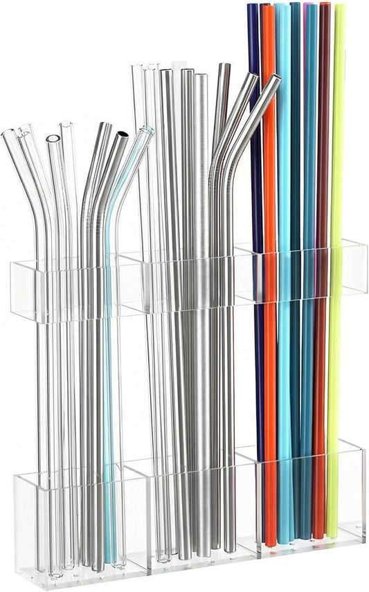 Straw Holder for Cabinet Door, Reusable Tumbler Straw Organizer Storage Container Mount for Kitchen Counter Cupboard Door (Transparent, 5.7inch)