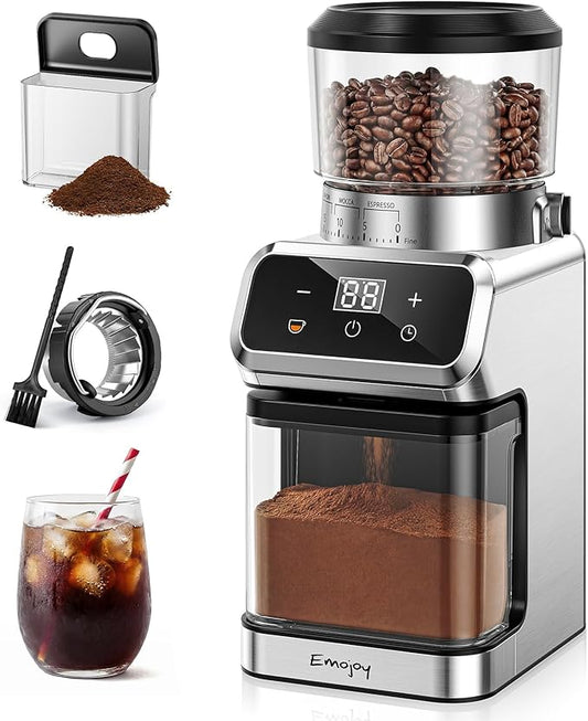 Burr Coffee Grinder Electric, 30 Grinding Settings Emojoy Coffee Bean Grinder, Burr Coffee Grinder for Home Use, Touchscreen and LED Control Panel, Stainless Steel, Conical Burr Grinder