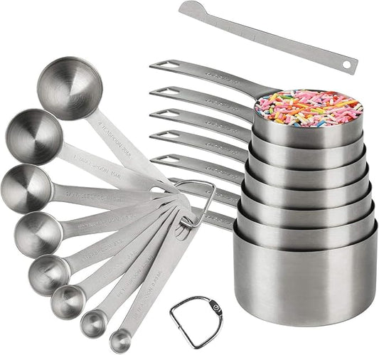 Smithcraft 18/8 Stainless Steel Measuring Cups and Spoons Set, Metric & US Metal Measure Cup and Spoon for Baking & Kitchen, Heavy Duty 7 Measuring Cups & 8 Spoons With Leveler