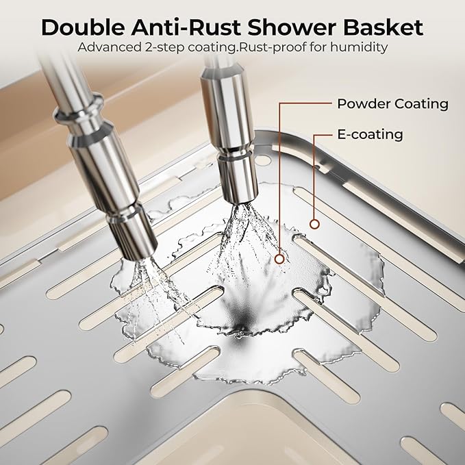 Orimade Rustproof 3 Tier Floor Standing Corner Shower Caddy Organizer with Toothbrush Holder, Large Spacing Floor Shower Shelf Rack Storage Stands with Hooks for Bathroom Kitchen, Silver