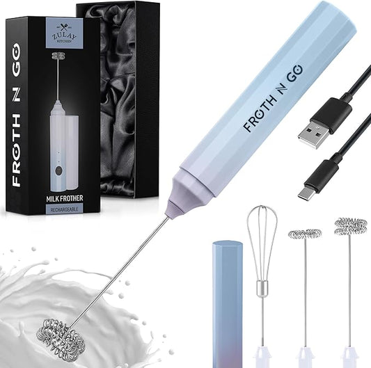 Zulay Froth N Go Milk Frother – Rechargeable 3-in-1 Handheld Frother Wand with Travel Case & USB-C Charger – Single, Double & Egg Whisk for Latte, Cappuccino, Matcha, Protein Shakes – Cloud