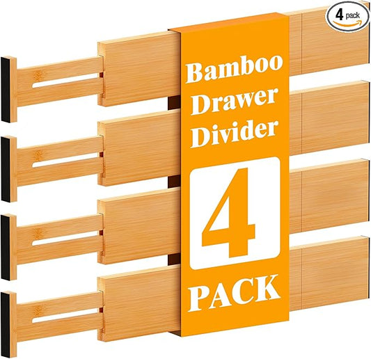 Bamboo Drawer Dividers,12-21" Adjustable Drawer Organizers for Clothes,Expandable Dresser Separators in Kitchen/Bedroom/Bathroom/Vanity/Office Organization and Storage,4-Pack