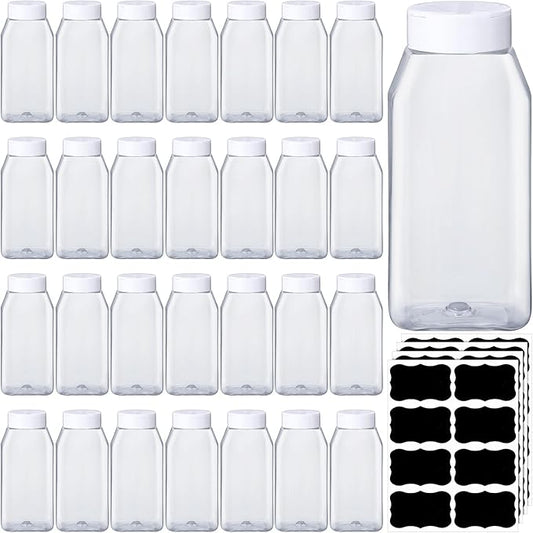 Mifoci 28 Pack 16 oz Plastic Spice Jars with Cap Square Plastic Bottle Containers with Shaker Lids and Stickers Large Seasoning Shaker Empty Powder Storage Container for Storing Salt Herbs (White)
