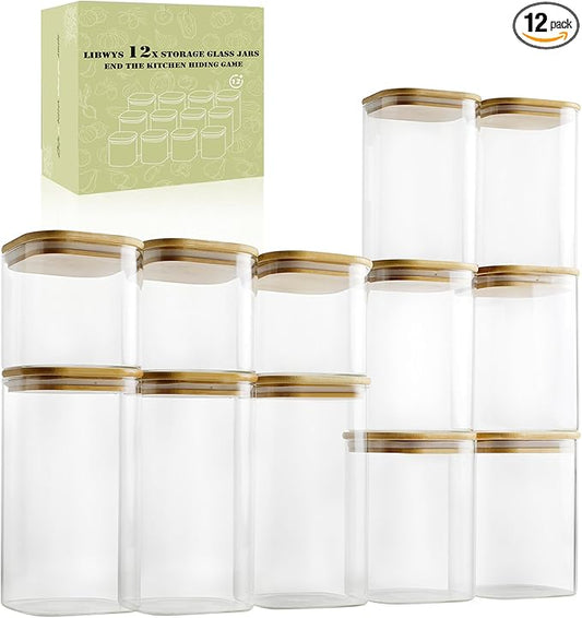 LIBWYS 12-Pack Glass Pantry Storage Containers with Bamboo Lids (0.76Qt/1.22Qt/1.67Qt) - Stackable Square Food Jars for Pantry Organization, Coffee, Flour, Snacks, Tea | Kitchen Canisters Set