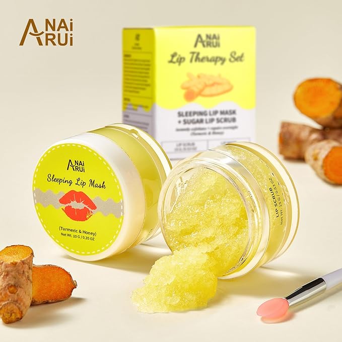 ANAI RUI Turmeric Lip Treatment Set & Strawberry Lip Care Kit with Lip Sleeping Mask + Lip Exfoliatot Scrub for Hydrating & Plumping Lips