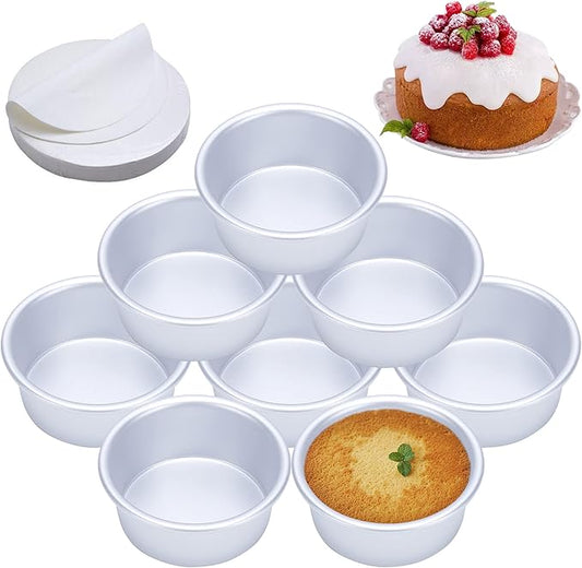AWTBDP 4 Inch Cake Pan Set of 8, Anodized Aluminum Round Cake Pans with 100 Pcs Parchment Paper Tins Baking Pan for Cheese Cake, Pizza, Quiche, Non Toxic, Leakproof, Easy Pop Out