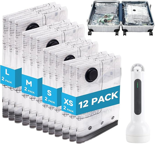 12 Pack Travel Vacuum Seal Bags with Rechargeable Electric Pump, 4 Sizes Space Saver Vacuum Storage Bags for Luggage, Suitcase & Home Organization, Reuseable Vacuum Seal Bags for Clothing