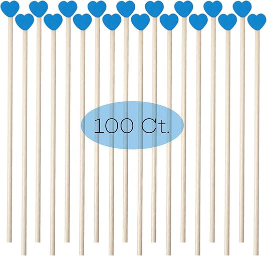 100 Pcs 6 Inch Blue Heart Shaped Wooden Swizzle Sticks, Cake Pop Sticks, Cocktail & Coffee Drink Stirrers, Rock Candy Sticks, Lollipop Sticks for Baby Shower, Gender Reveal, Birthday & Wedding Party
