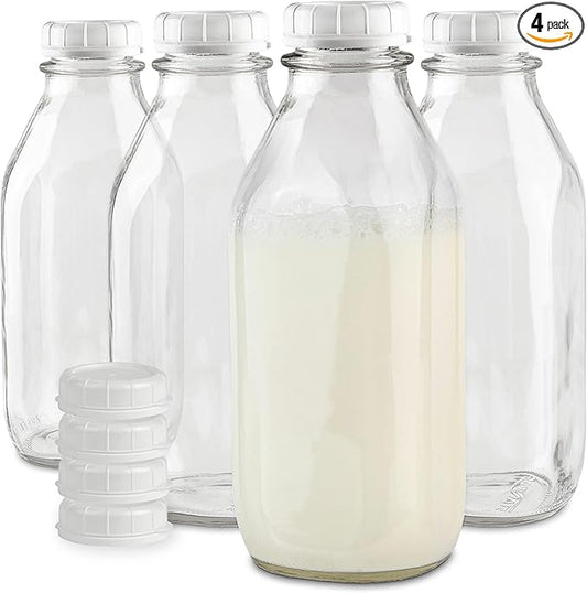 Stock Your Home Liter Glass Milk Bottle with Lid (4 Pack) 32 Oz Jugs and 8 White Caps, Reusable Food Grade Container for Refrigerator, Juice, Oat or Plant Milks, Water, Honey