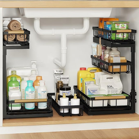 Under Sink Organizer and Storage for Bathroom and Kitchen - 2 Pack 3 Tier Under Cabinet Pull Out Shelf Organizers - Slide Out Drawer Organization for Home Cabinets Shelves and Drawers