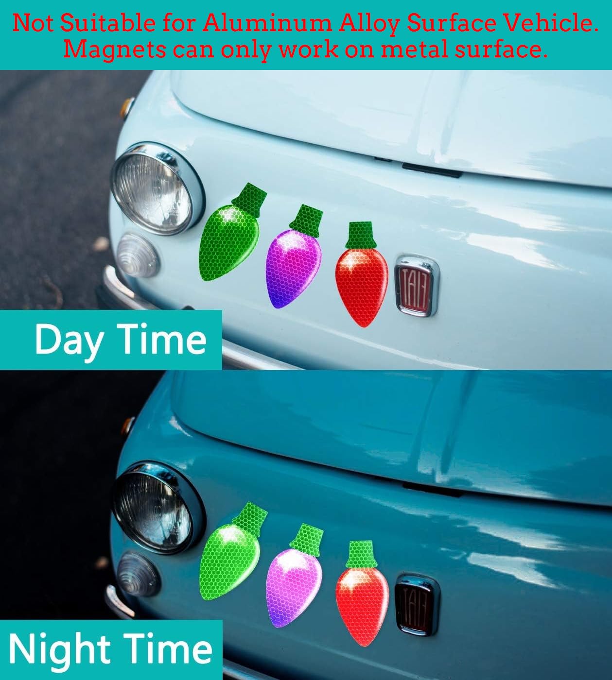 90PCS Christmas Car Refrigerator Decorations - 42 Reflective Bulb Light Shaped Magnets 48 Magnetic Wires Ornaments Set Xmas Holiday Cute Decor