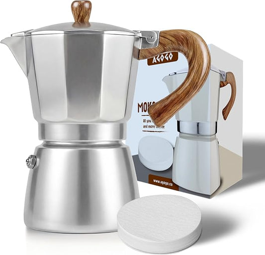 AGOGO Milano Moka Pot Stovetop Espresso Maker with 100 Paper Filters for Sediment-Free Coffee, Classic Italian Greca with Wood-Grain Handle,Cleaning Brush & Towel 6 Cup (10oz / 300ml) Silver