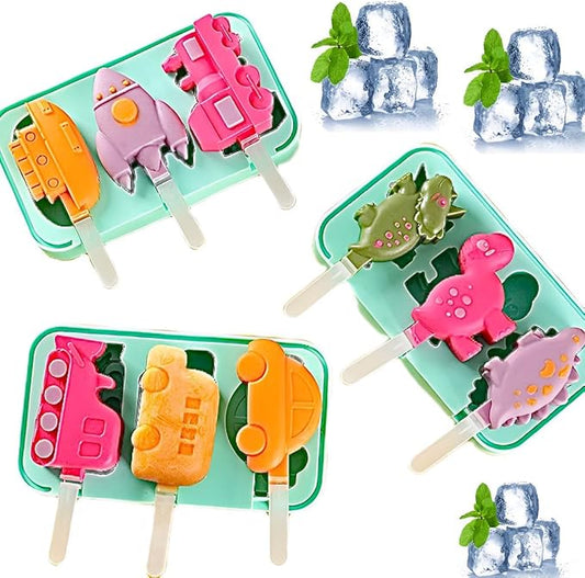3 Pcs Cute Silicone Ice Cube Mold Set For Toddlers and Kids, BPA-Free Food Grade Ice Tray, Homemade Frozen Popsicle Maker Mold (3 PCS（dinosaur*1+airplane*1+car*1))