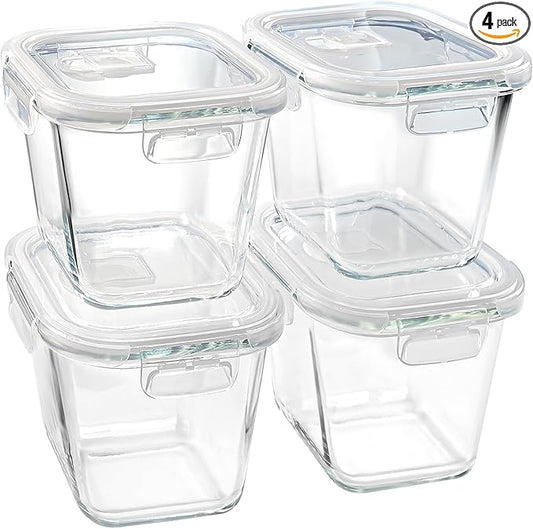 Soup Containers with Lids Glass 32 oz, 4 Cup Borosilicate Glass Food Storage Containers, Microwave & Freezer Safe Jars, Small Square Meal Prep Bowl for Salad, Fruit, Lunch, Ice Cream, Travel, 4 Pack