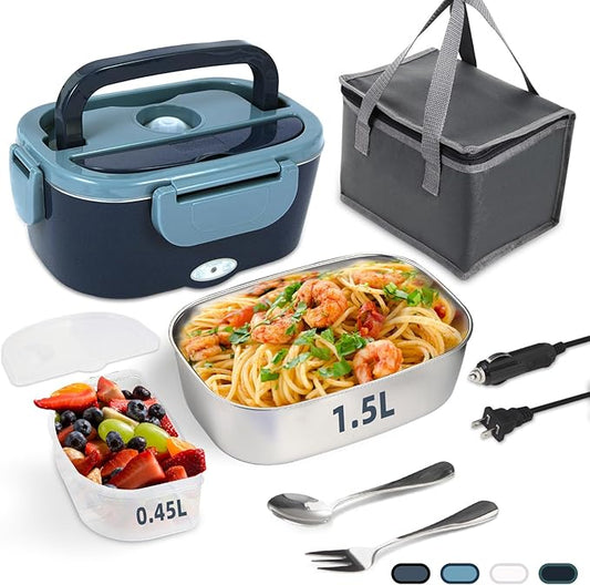 SOHIDA Electric Lunch Box, 12V/24V/110V Portable Food Warmer with SS Fork & Spoon for Car/Truck/Office, 80W Self Heating Lunch Box with 1.5L 304 Stainless Steel Container & 0.45L PP Fruit Box Blue